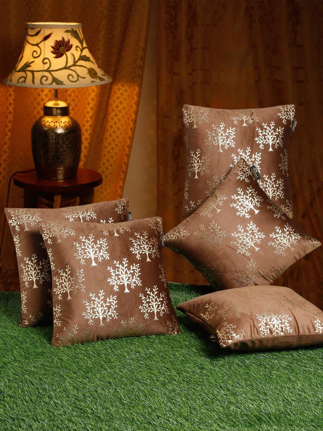 HOSTA HOMES Brown & Gold Set of 5 Floral Velvet Square Cushion Covers - view 1