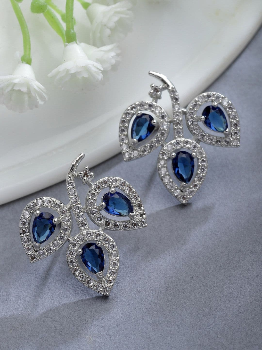 ZENEME Rhodium-Plated American Diamond Leaf Shaped Studs Earrings - view 1