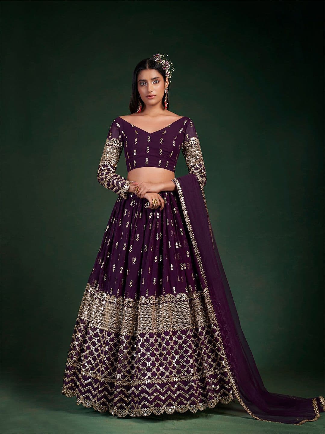 ODETTE Gold Embroidered Semi-Stitched Lehenga & Unstitched Blouse With Dupatta - view 1