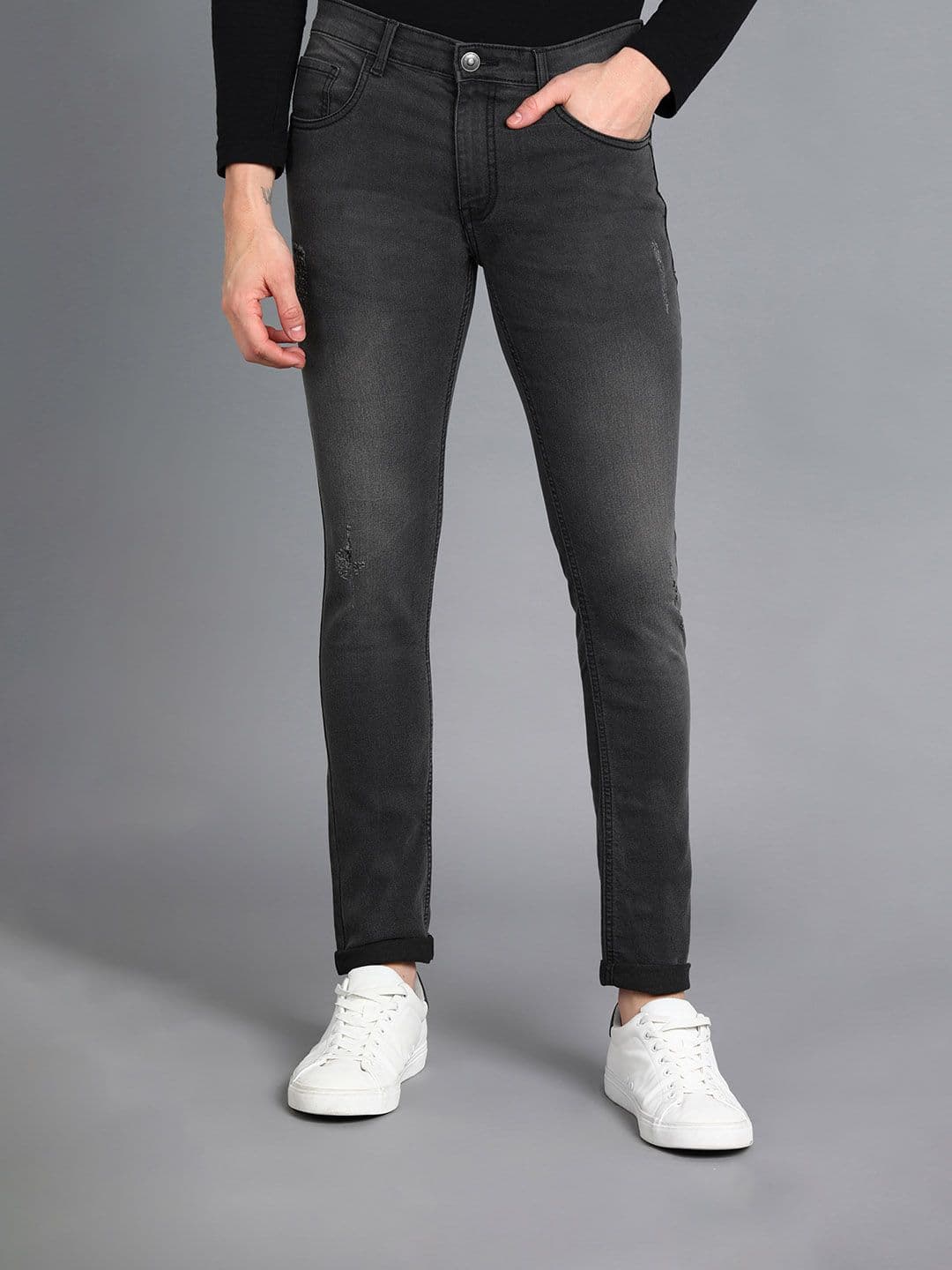 Urbano Fashion Men Washed Grey Skinny Fit Low Distress Light Fade Stretchable Cotton Jeans - view 1