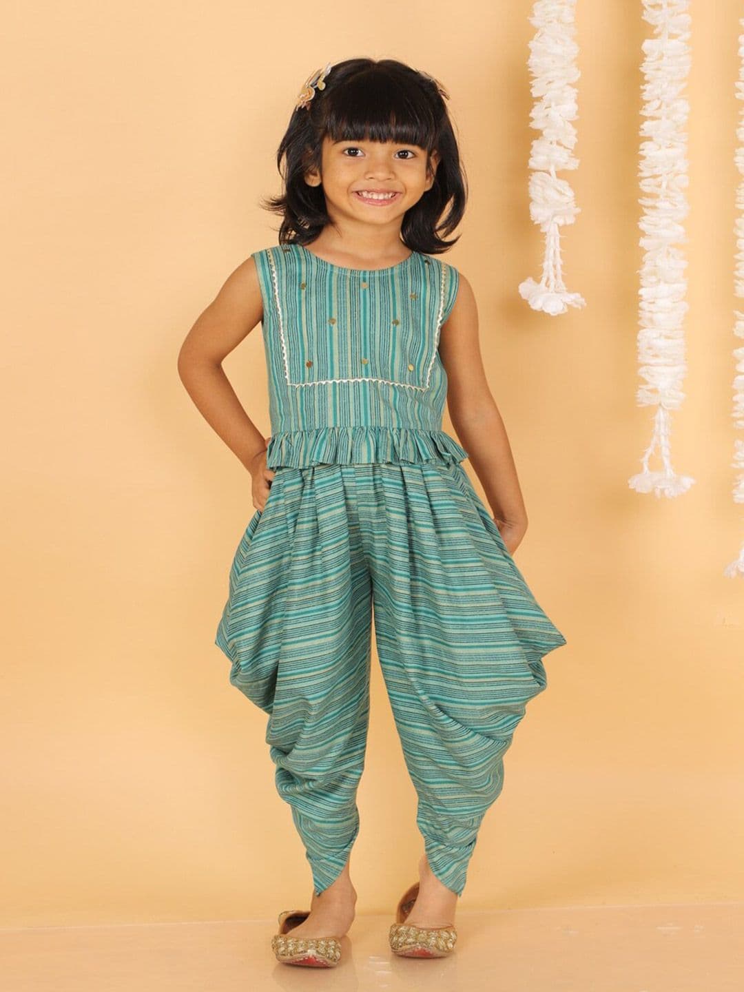 LIL DRAMA Girls Striped Top with Dhoti Pants