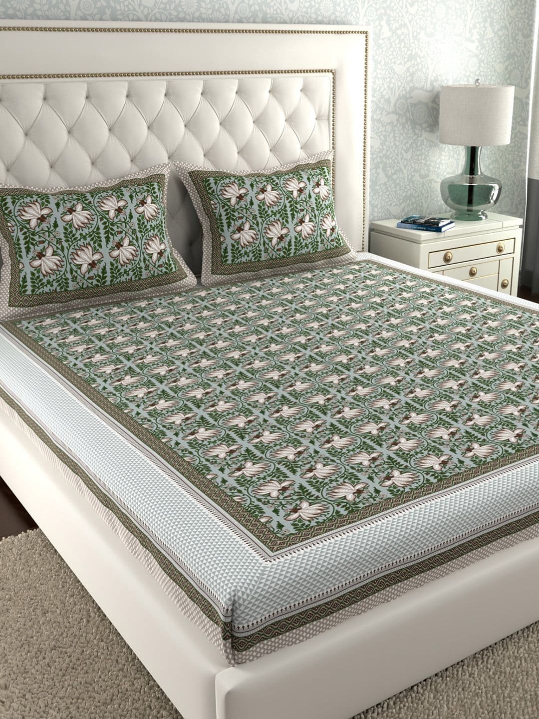 LA VERNE Jaipuri Green Floral Cotton 140 TC King Bedsheet with 2 Pillow Covers-91 x 108 inches - view 1