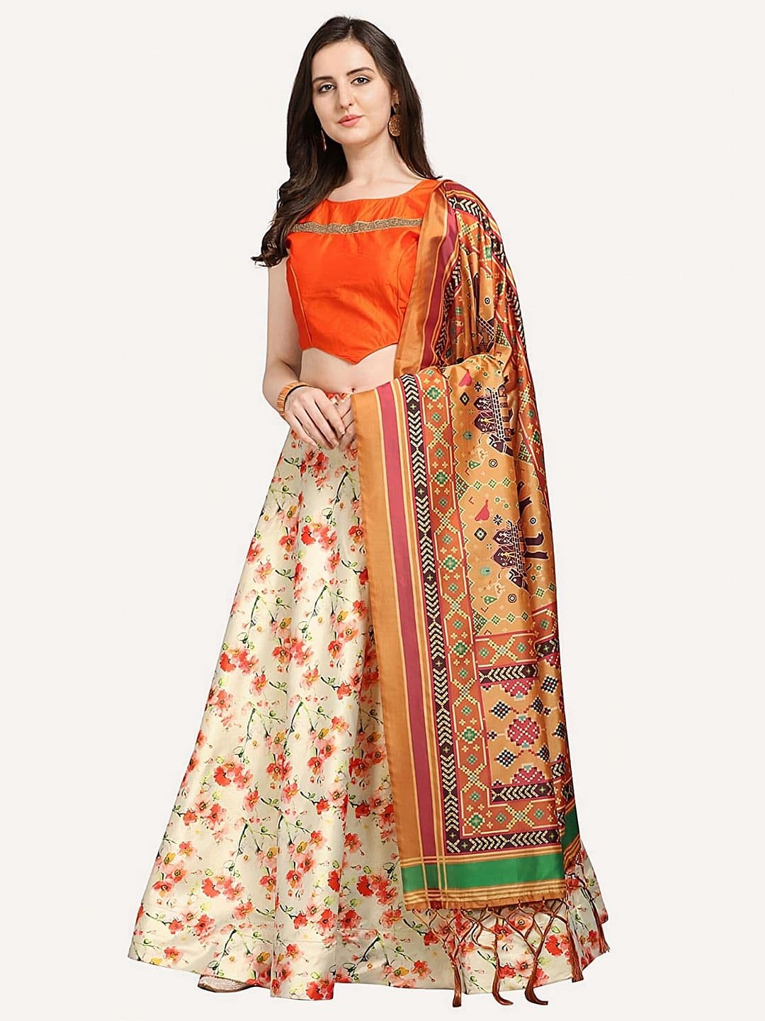 Kaizen TEXO FAB Orange & Cream-Coloured Printed Semi-Stitched Lehenga & Unstitched Blouse With Dupatta - view 1