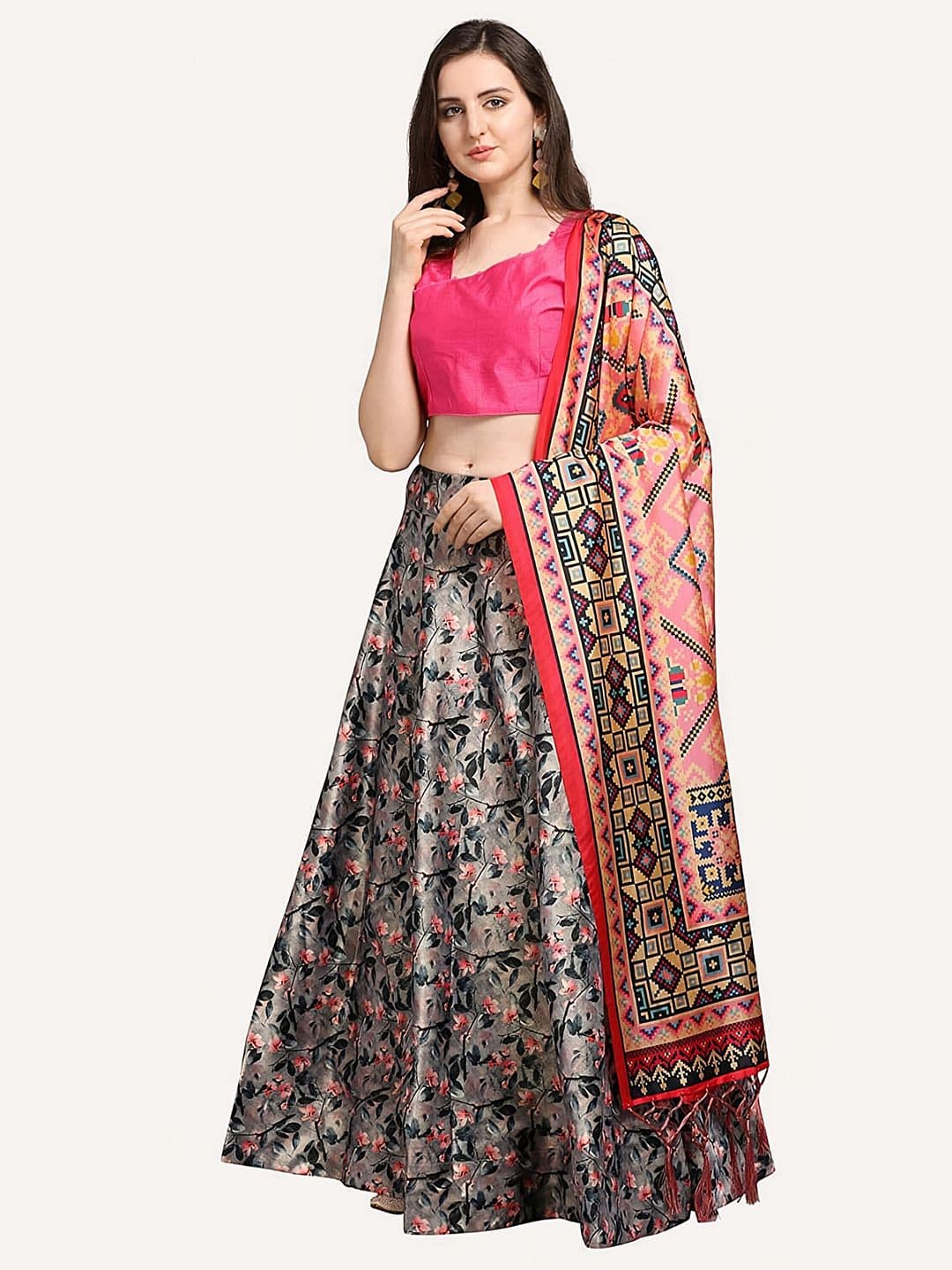 Kaizen TEXO FAB Grey & Pink Printed Semi-Stitched Lehenga & Unstitched Blouse With Dupatta - view 1