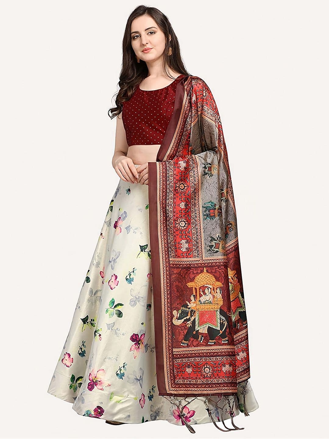 Kaizen TEXO FAB Off White & Maroon Printed Semi-Stitched Lehenga & Unstitched Blouse With Dupatta - view 1