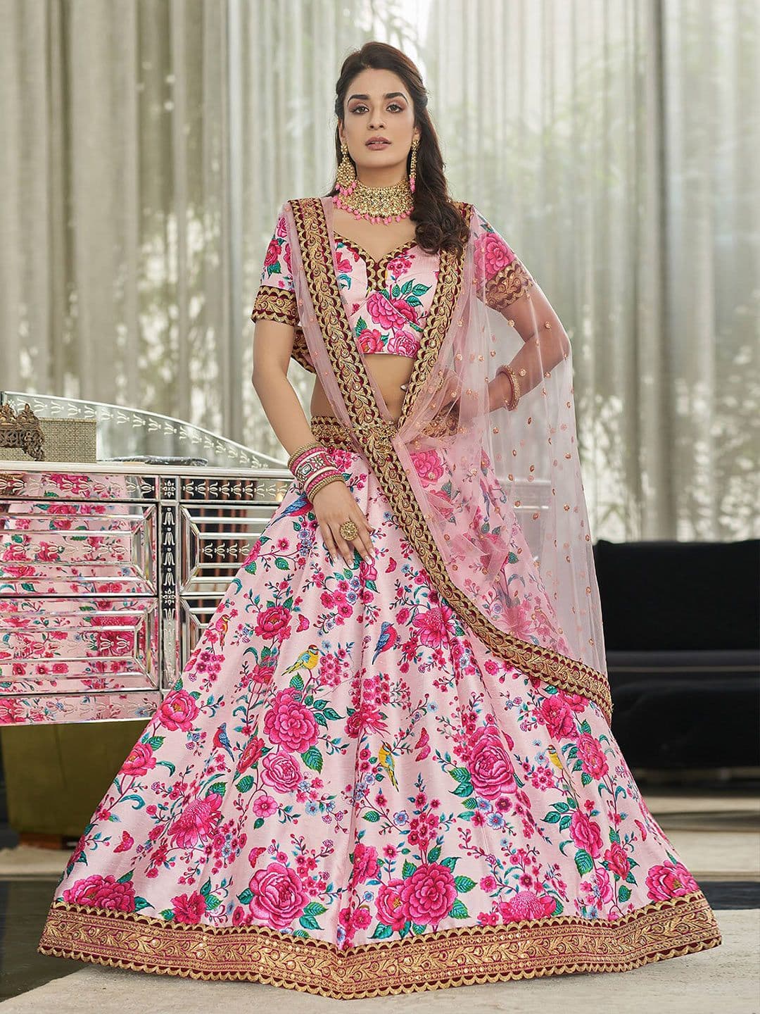 ODETTE Pink & Green Printed Semi-Stitched Lehenga Choli - view 1