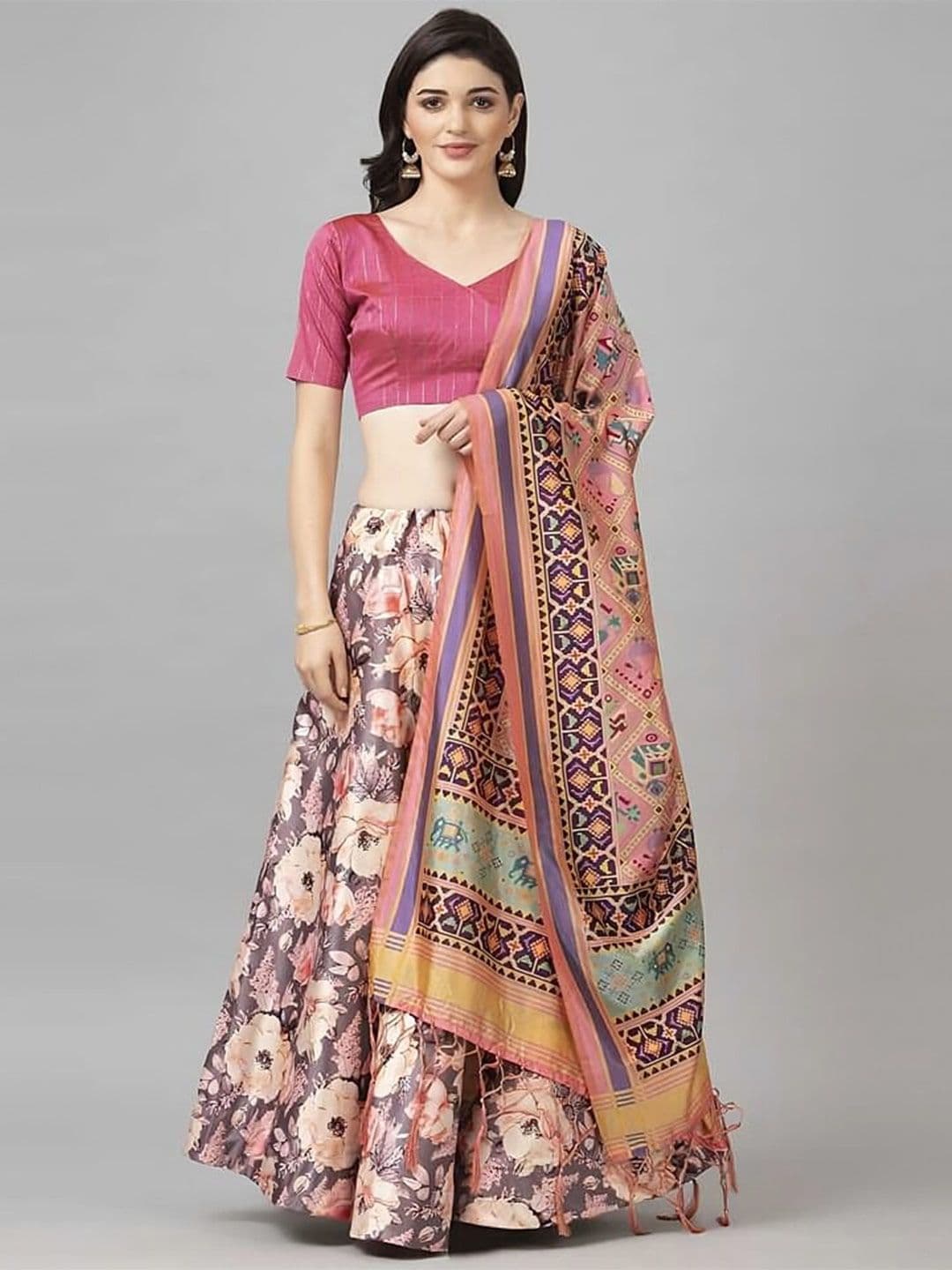 Kaizen TEXO FAB Grey & Pink Embellished Semi-Stitched Lehenga Choli - view 1