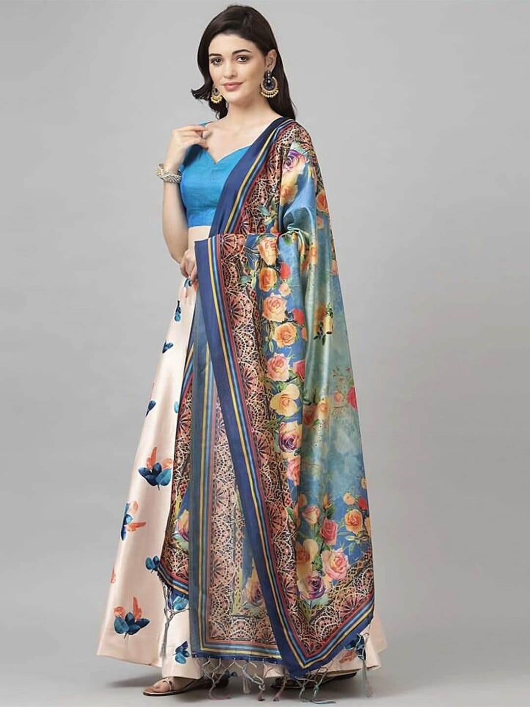Kaizen TEXO FAB Silver-Toned & Blue Printed Semi-Stitched Lehenga Choli - view 1