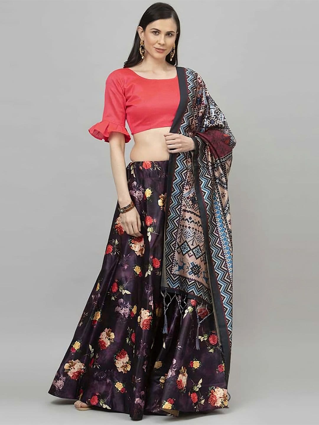 Kaizen TEXO FAB Purple & Coral Printed Semi-Stitched Lehenga Choli - view 1