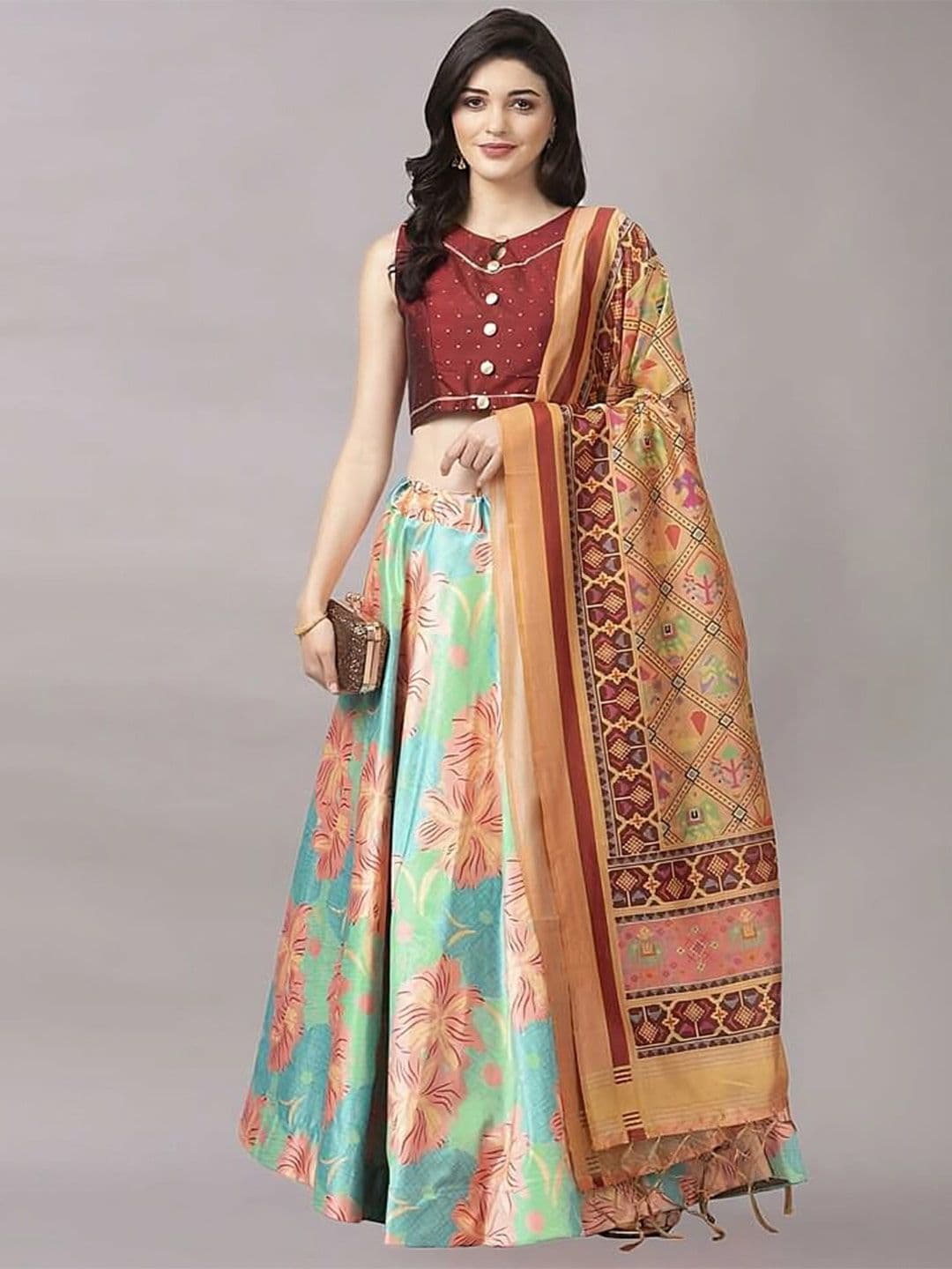 Kaizen TEXO FAB Green & Maroon Printed Sequinned Semi-Stitched Lehenga Choli - view 1