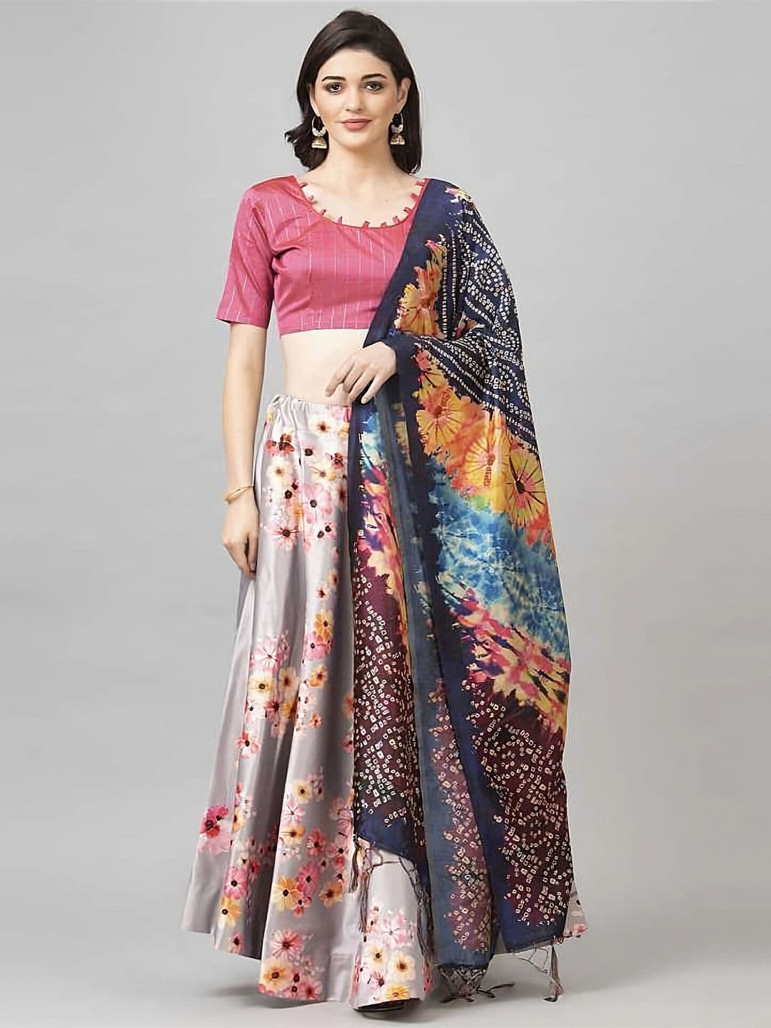 Kaizen TEXO FAB Silver-Toned & Pink Semi-Stitched Lehenga Choli - view 1