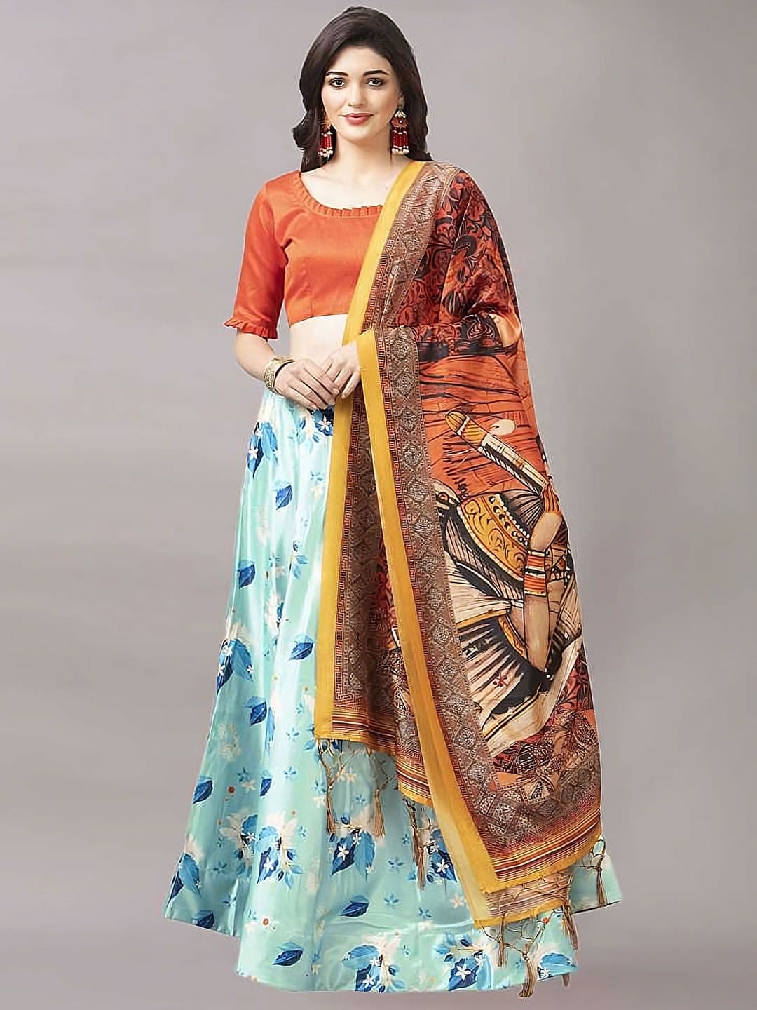 Kaizen TEXO FAB Sea Green & Orange Semi-Stitched Lehenga Choli - view 1