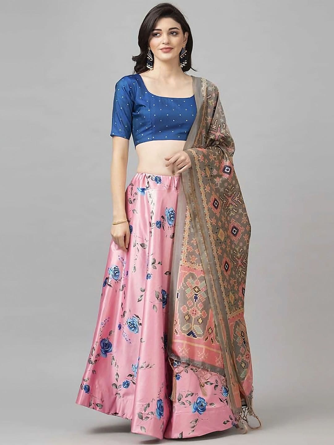 Kaizen TEXO FAB Pink & Blue Printed Beads and Stones Semi-Stitched Lehenga Choli - view 1