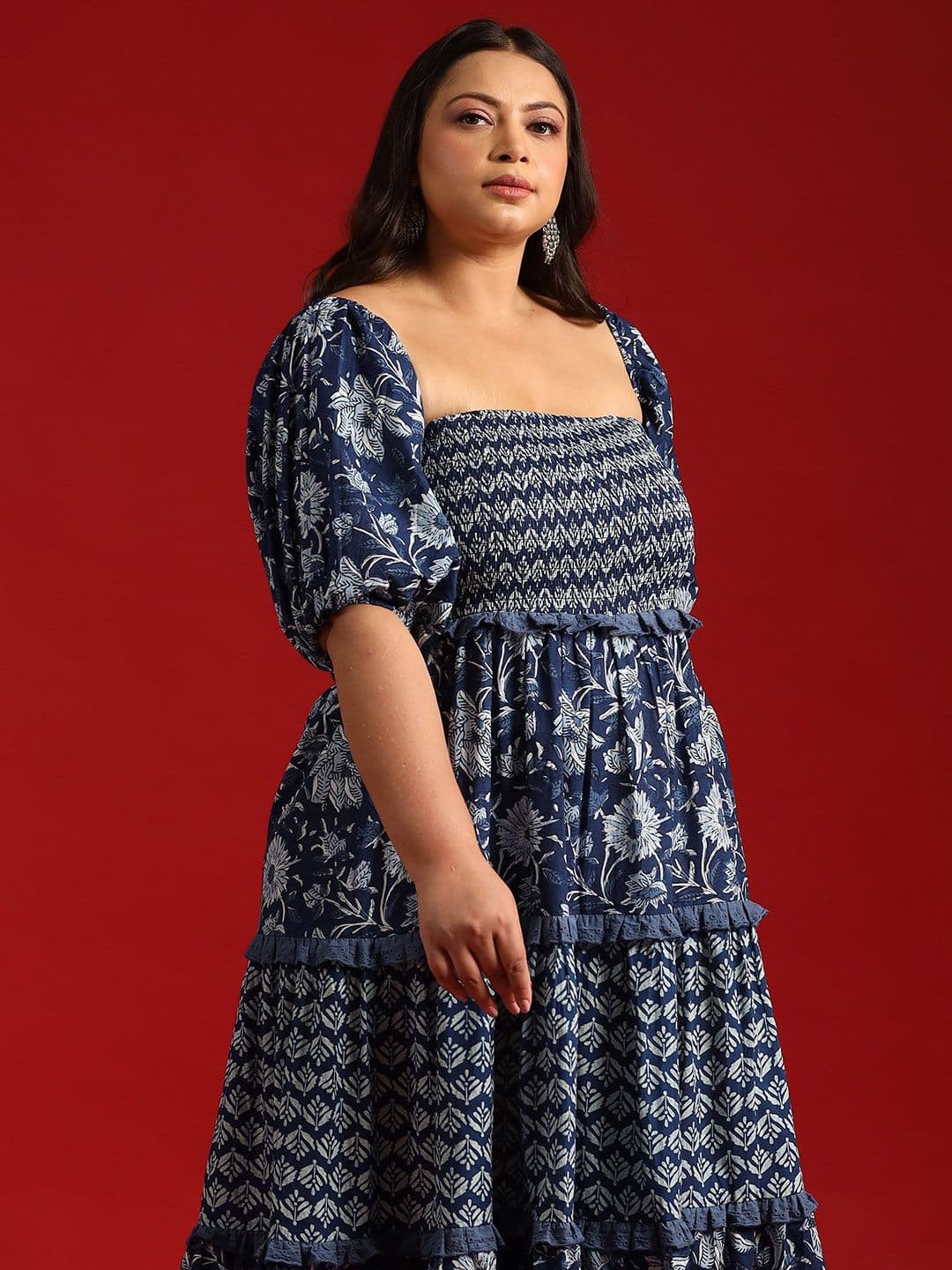 anayna Blue Floral Ethnic A-Line Cotton Midi Ethnic Dress - view 1