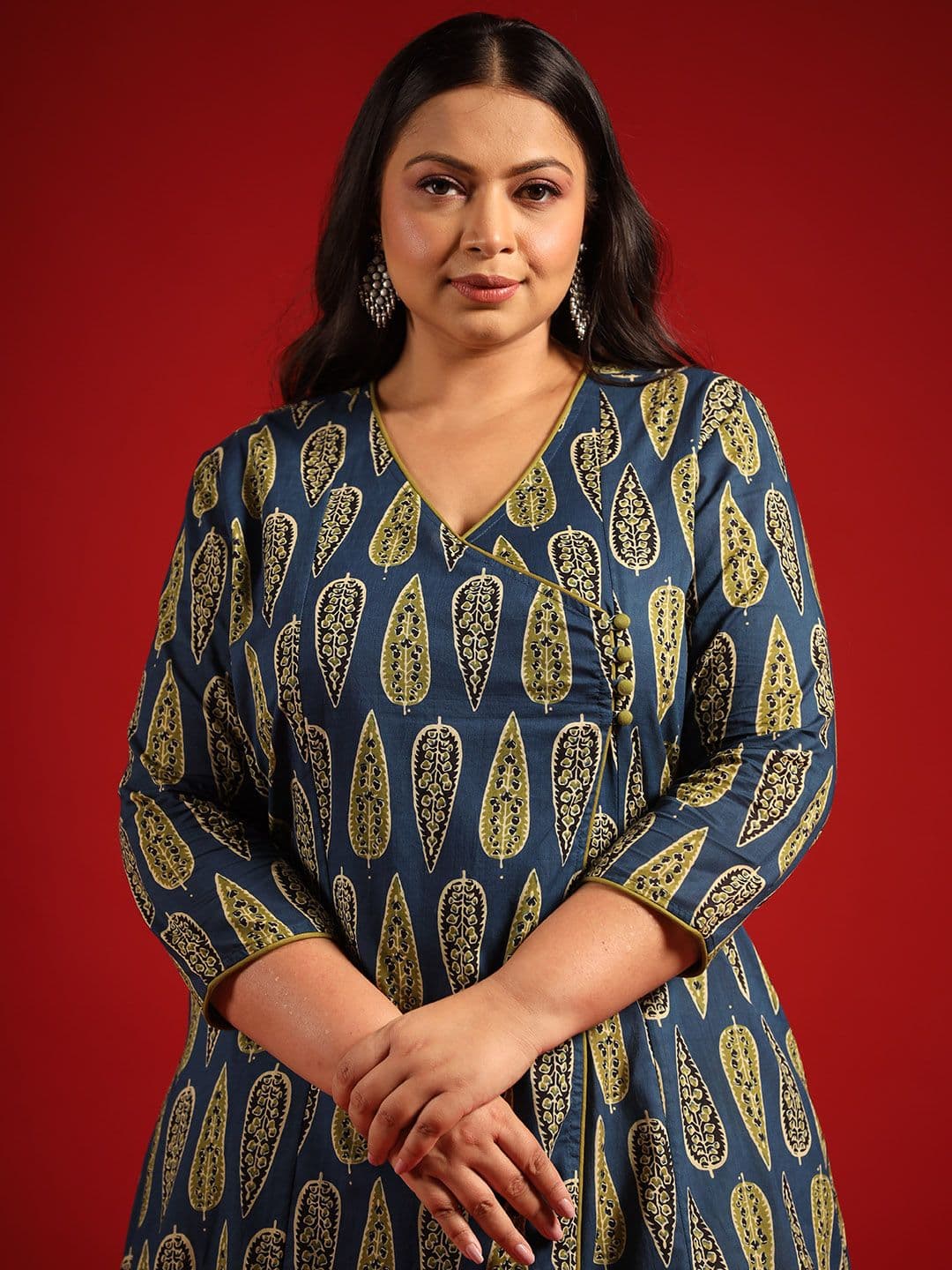 anayna Women Navy Blue & Green Ethnic Motifs Printed Cotton Kurta - view 1
