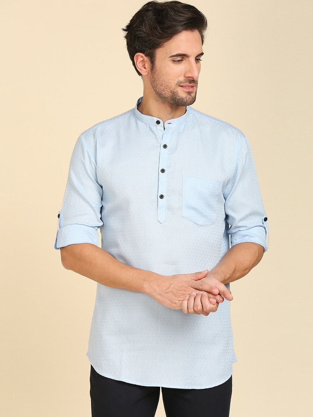 RAJUBHAI HARGOVINDAS Men Pastels Dobby Cotton Kurta - view 1