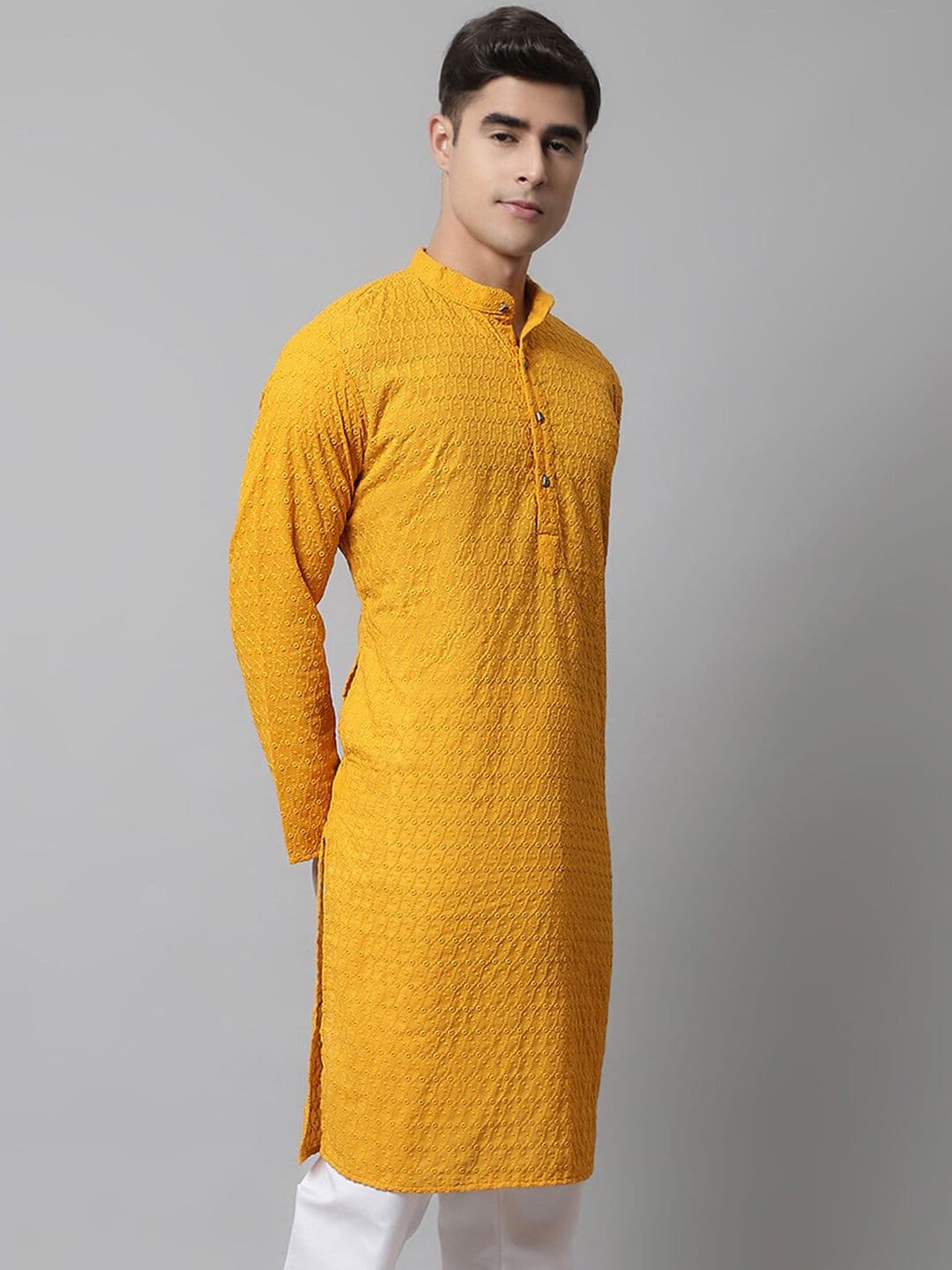 Jompers Men Mustard Ethnic Motifs Embroidered Thread Work Cotton Kurta - view 1