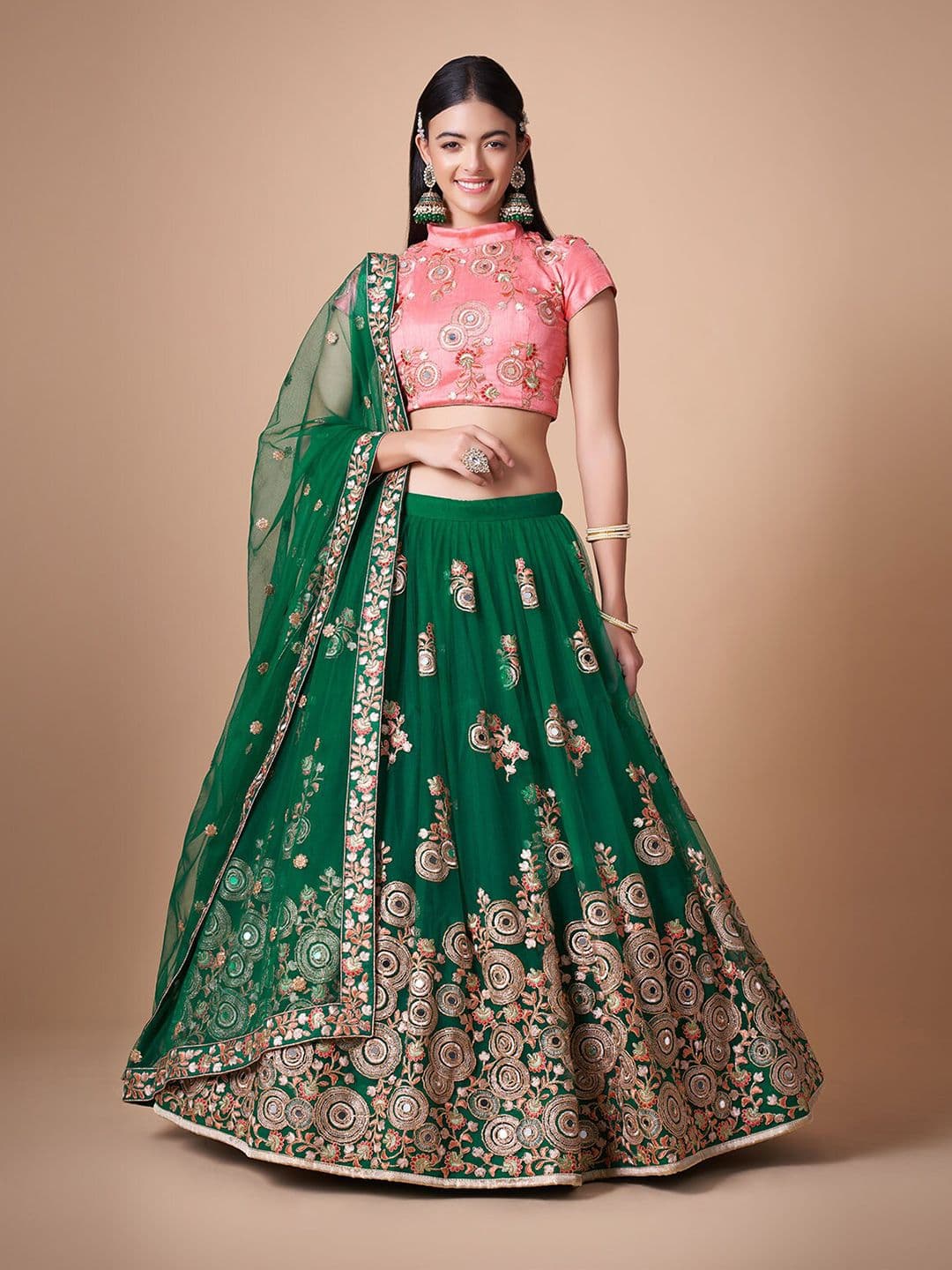 ODETTE Green Embroidered Semi-Stitched Lehenga & Unstitched Blouse With Dupatta - view 1