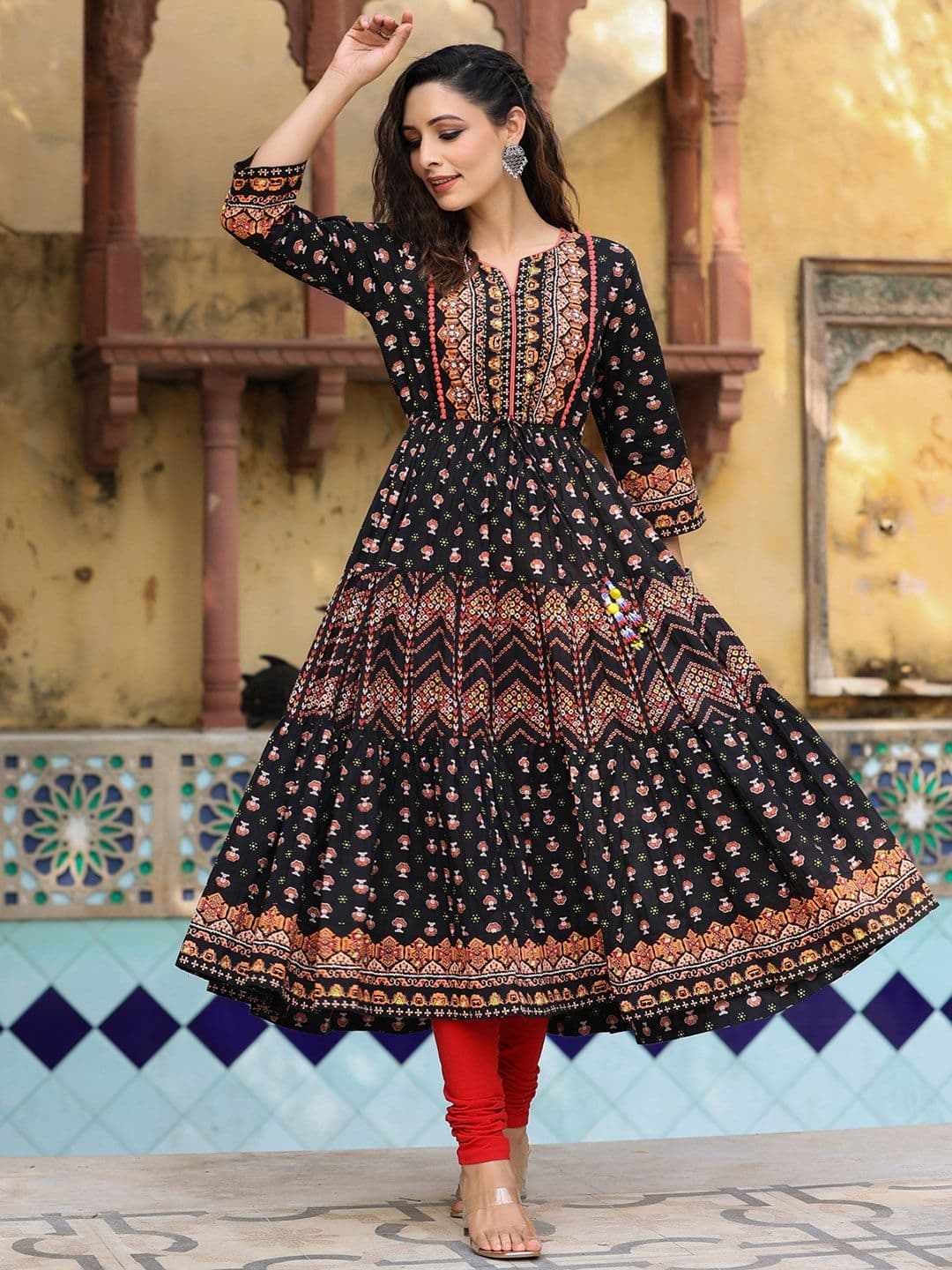 Rain & Rainbow Women Black Ethnic Motifs Printed Mirror Work Anarkali Kurta - view 1
