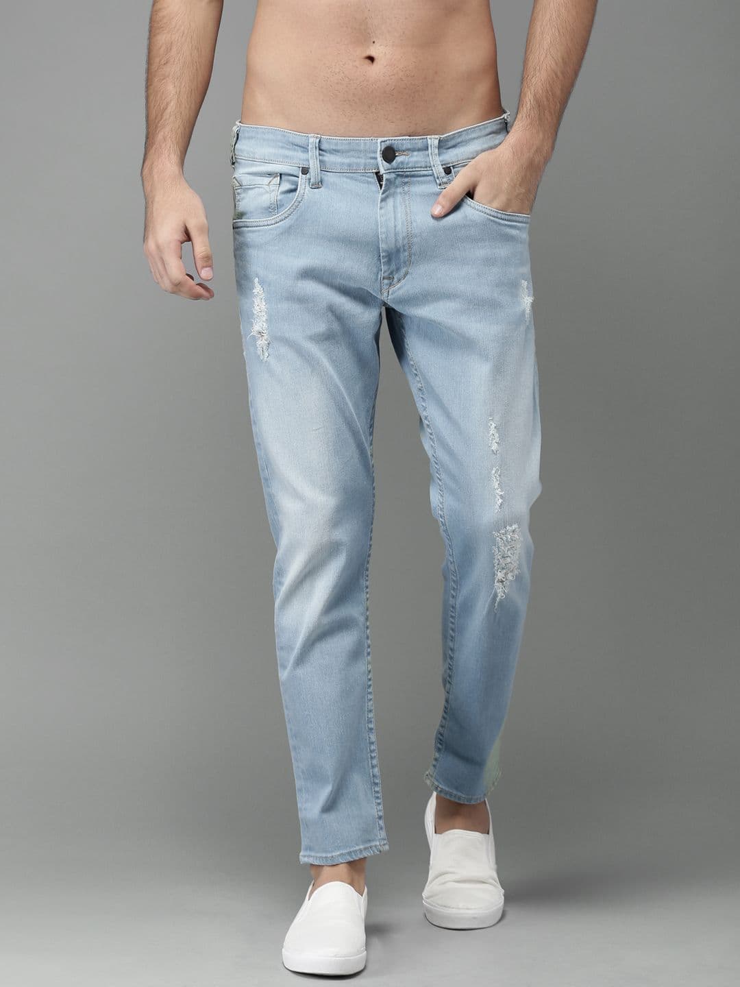 HERE&NOW Men Blue Slim Fit Mid-Rise Mildly Distressed Stretchable Cropped Jeans - view 1