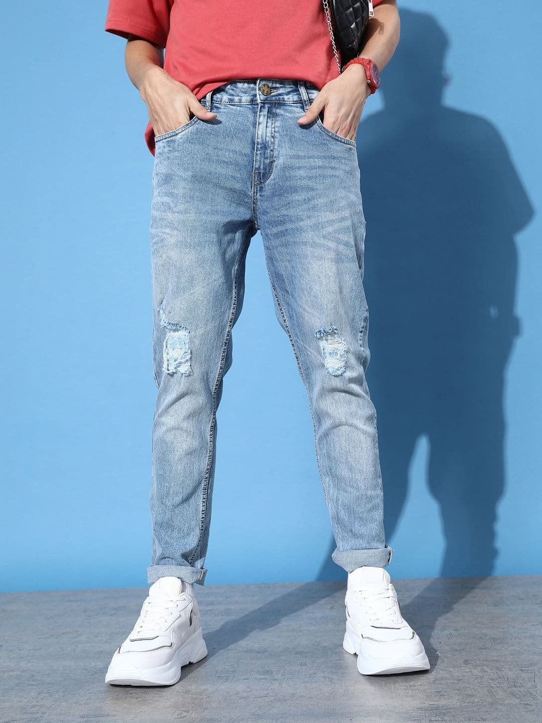 Kook N Keech Men Sky Blue Tapered Fit Light Fade Stretchable Distressed Denim Jeans - view 1