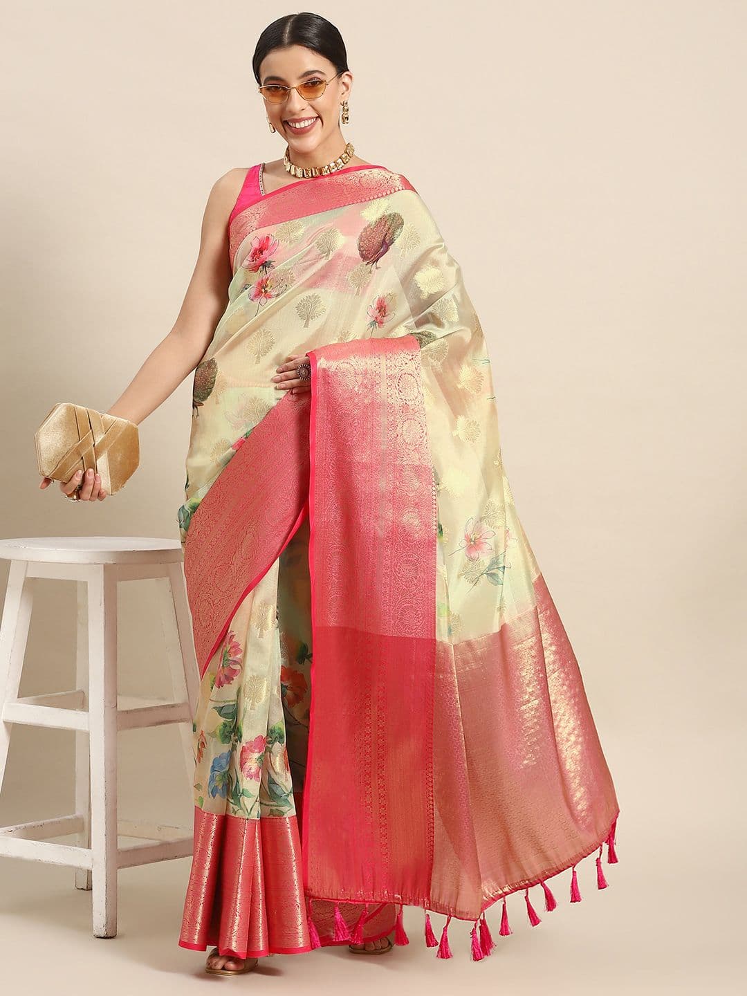 Silk Land Woven Kalamkari Art Silk Chanderi Digital Print Saree - view 1
