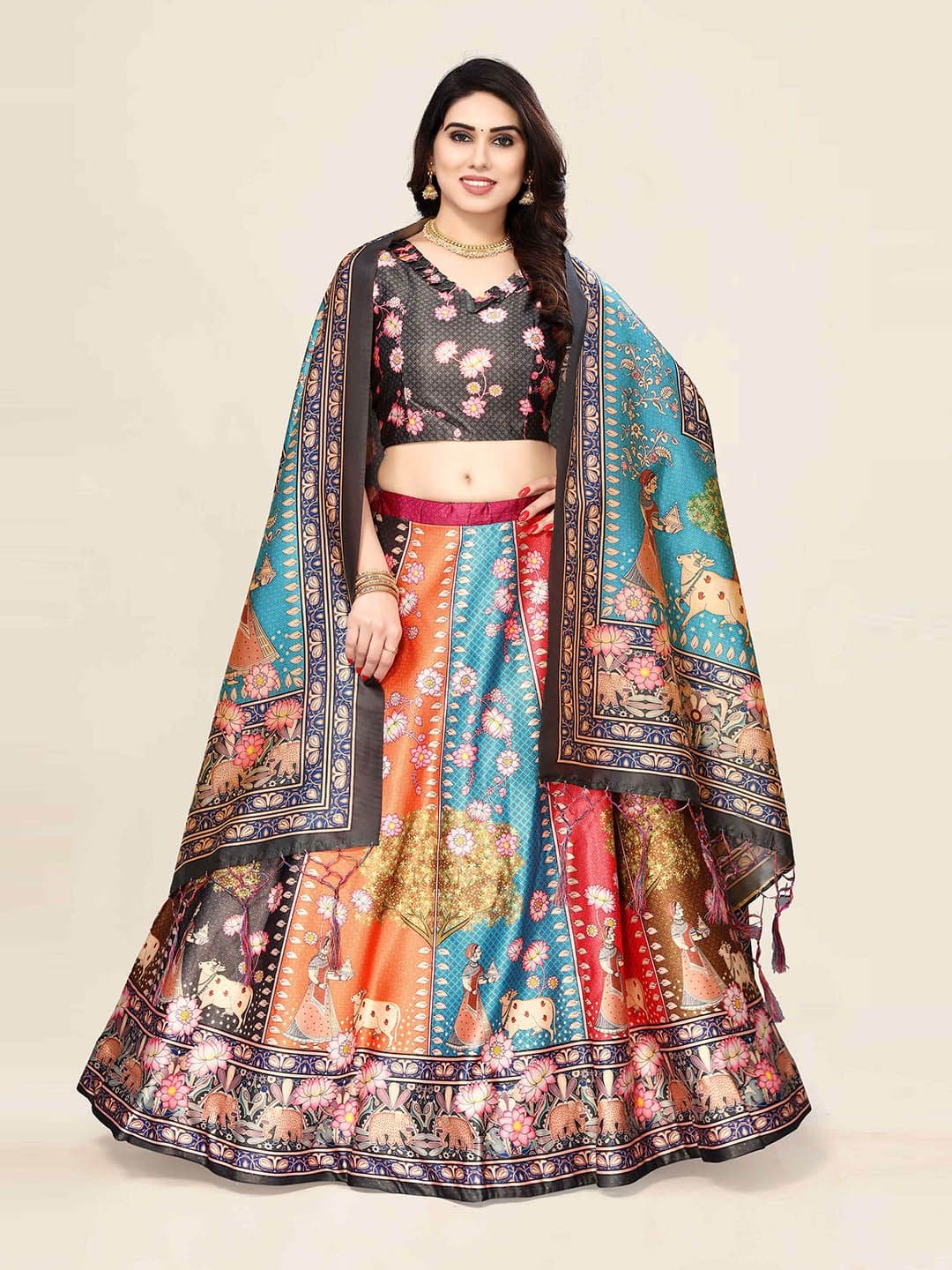 Kaizen TEXO FAB Grey & Blue Printed Semi-Stitched Lehenga & Unstitched Blouse With Dupatta - view 1