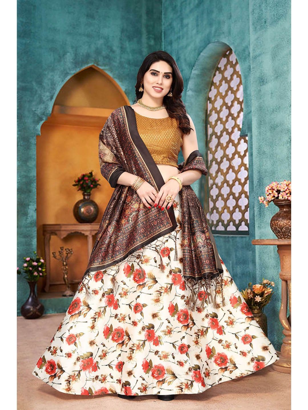Kaizen TEXO FAB Orange & Brown Printed Semi-Stitched Lehenga & Unstitched Blouse With Dupatta - view 1