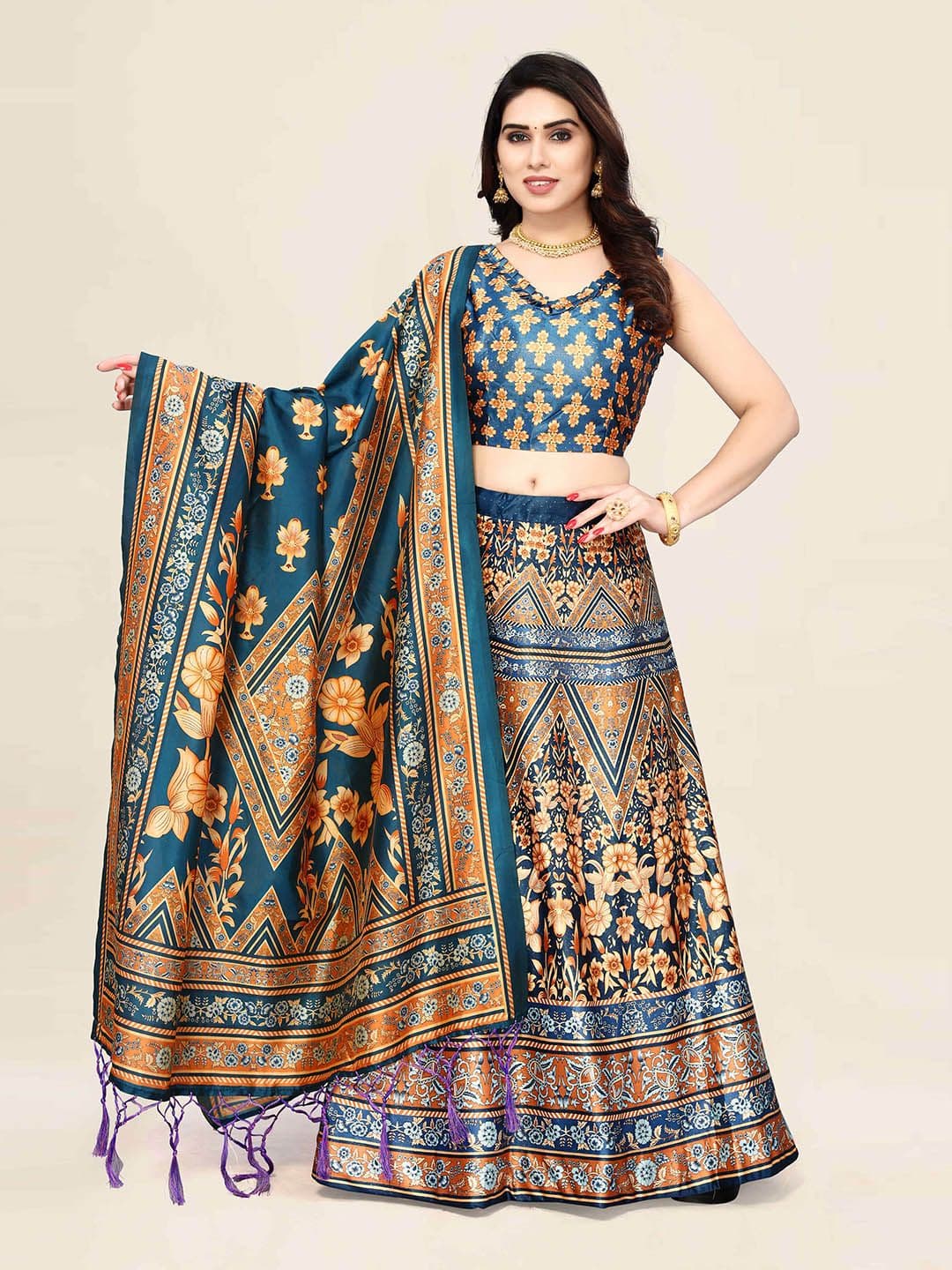 Kaizen TEXO FAB Navy Blue & Orange Printed Semi-Stitched Lehenga & Unstitched Blouse With Dupatta - view 1