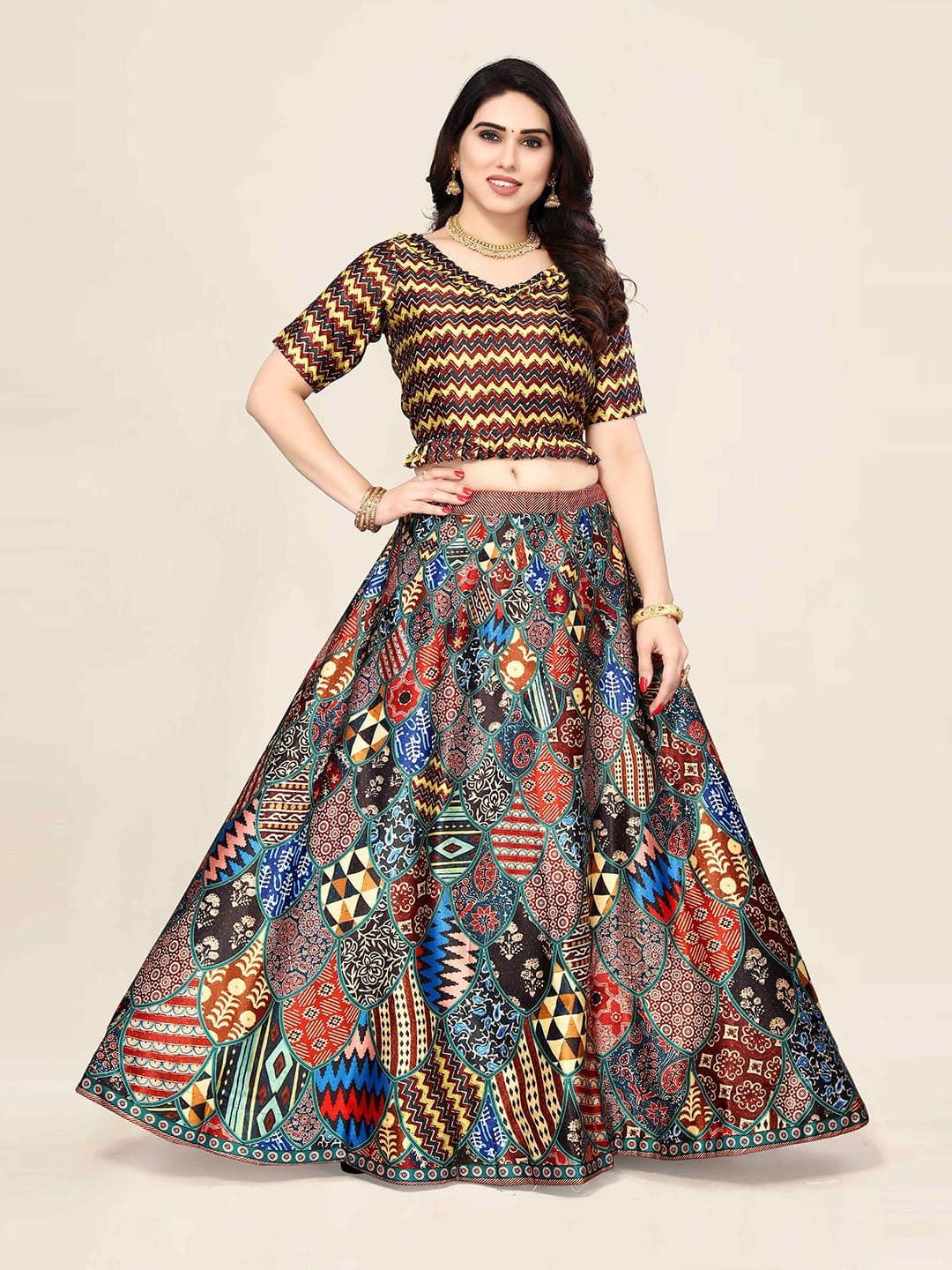 Kaizen TEXO FAB Brown & Mustard Printed Semi-Stitched Lehenga & Unstitched - view 1