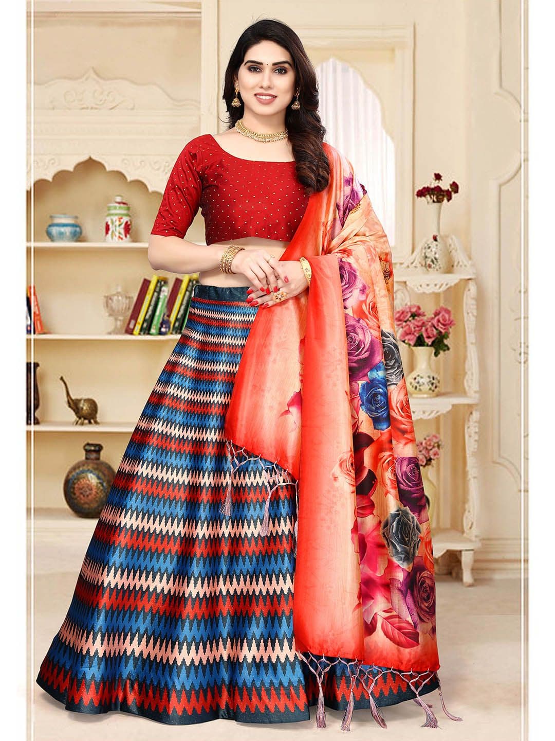 Kaizen TEXO FAB Red & Blue Printed Semi-Stitched Lehenga & Unstitched Blouse With Dupatta - view 1