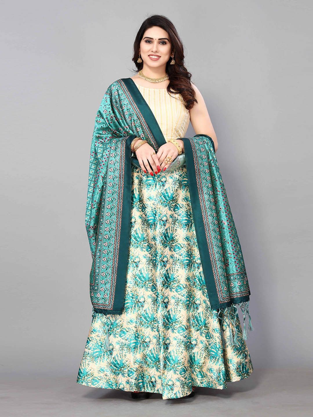 Kaizen TEXO FAB Teal & Cream-Coloured Printed Semi-Stitched Lehenga & Unstitched Blouse With Dupatta - view 1