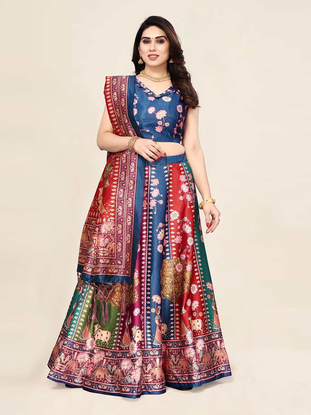 Kaizen TEXO FAB Blue & Green Printed Semi-Stitched Lehenga & Unstitched Blouse With Dupatta - view 1
