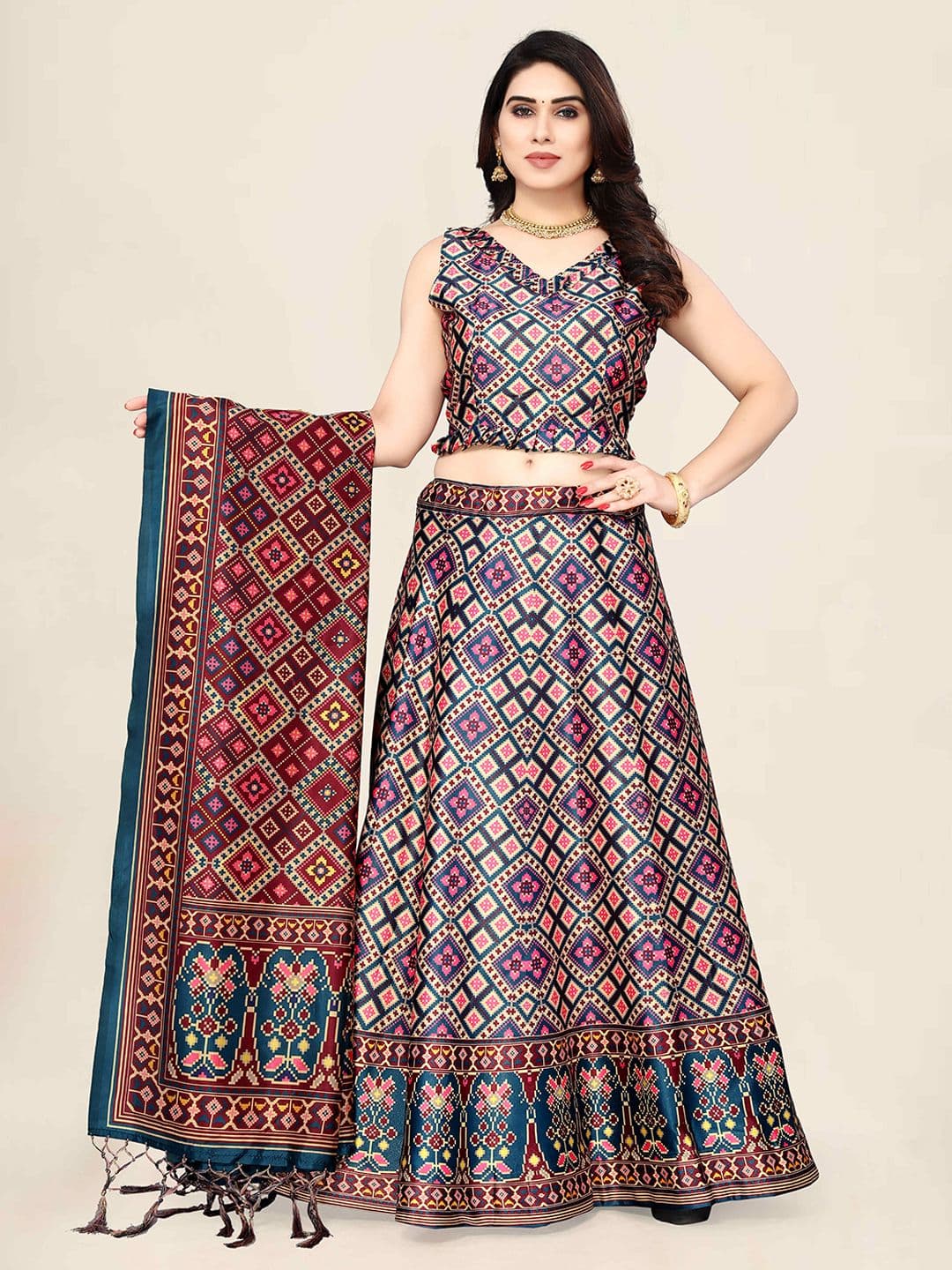 Kaizen TEXO FAB Purple & Green Printed Semi-Stitched Lehenga & Unstitched Blouse With Dupatta - view 1