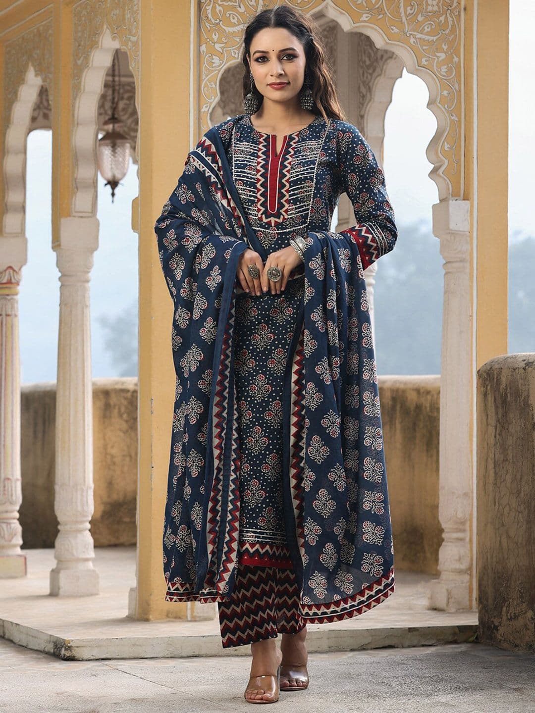 Rain & Rainbow Blue Floral Yoke Design Gotta Patti Pure Cotton Kurta Set - view 1