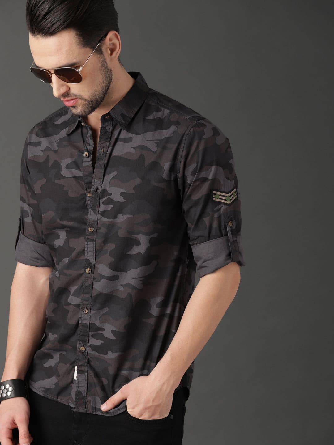Roadster Men Grey & Olive Green Camouflage Printed Casual Shirt - view 1
