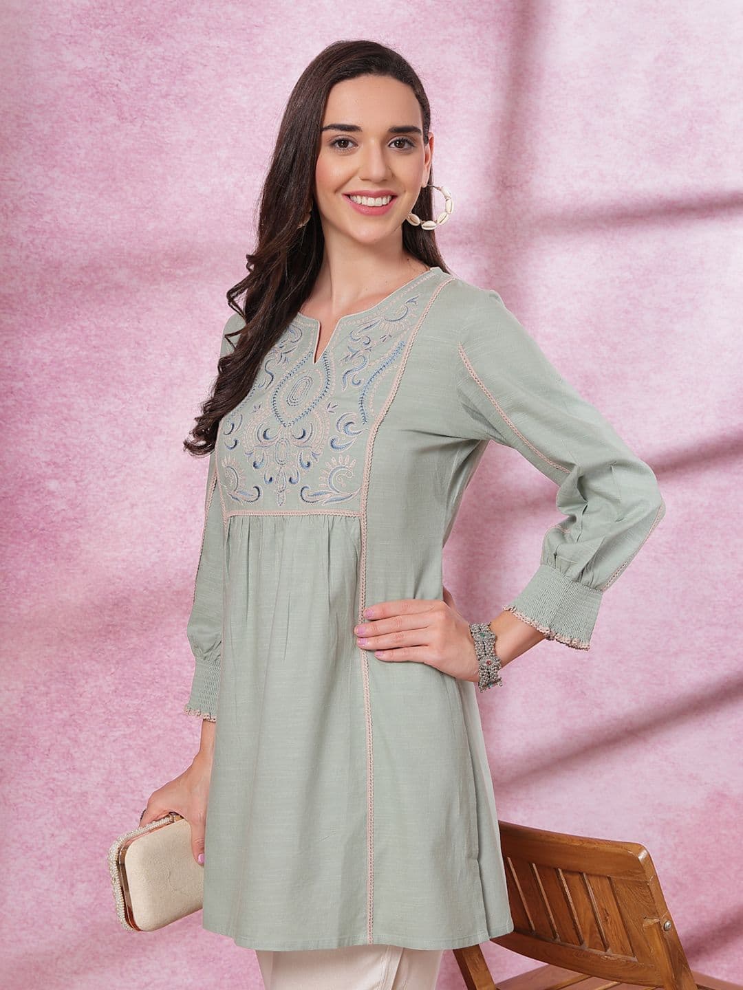 Nayam By Lakshita Women Solid A-Line Kurti with Lace & Dori Embroidery - view 1
