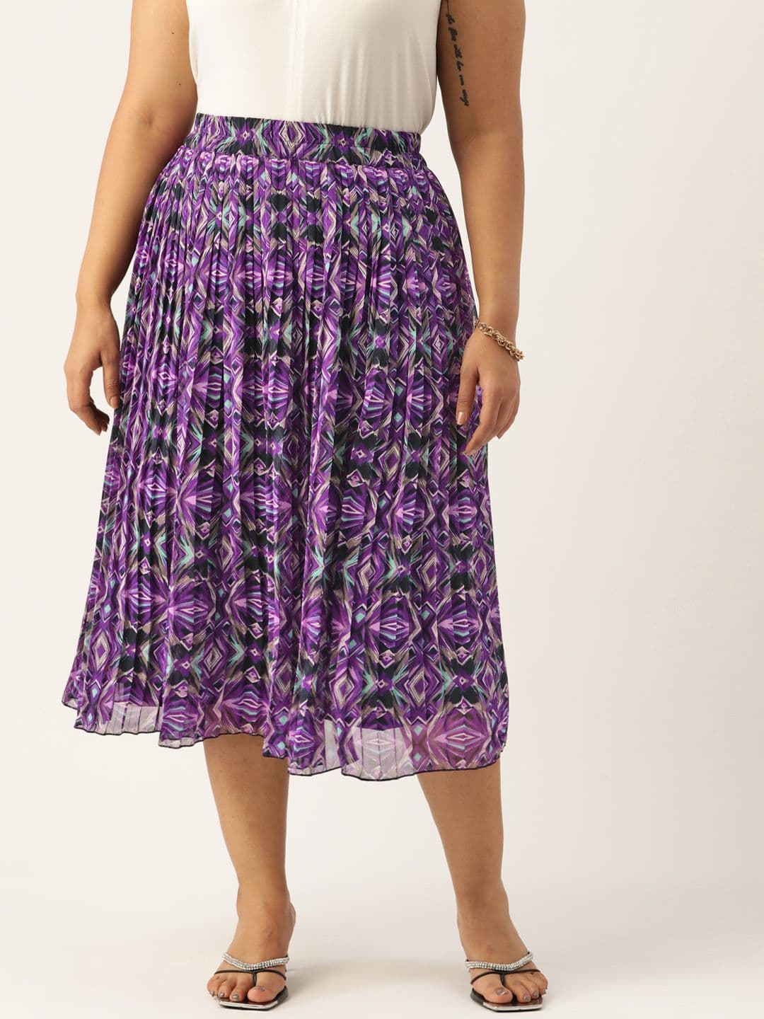 Antheaa Curve Plus Size Pleated Abstract Printed A-Line Midi Skirt - view 1