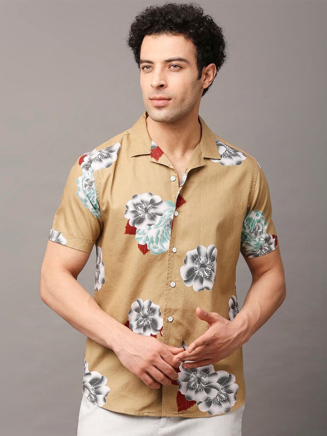 HERE&NOW Men Premium Slim Fit Floral Cuban Collar Pure Cotton Shirt - view 1