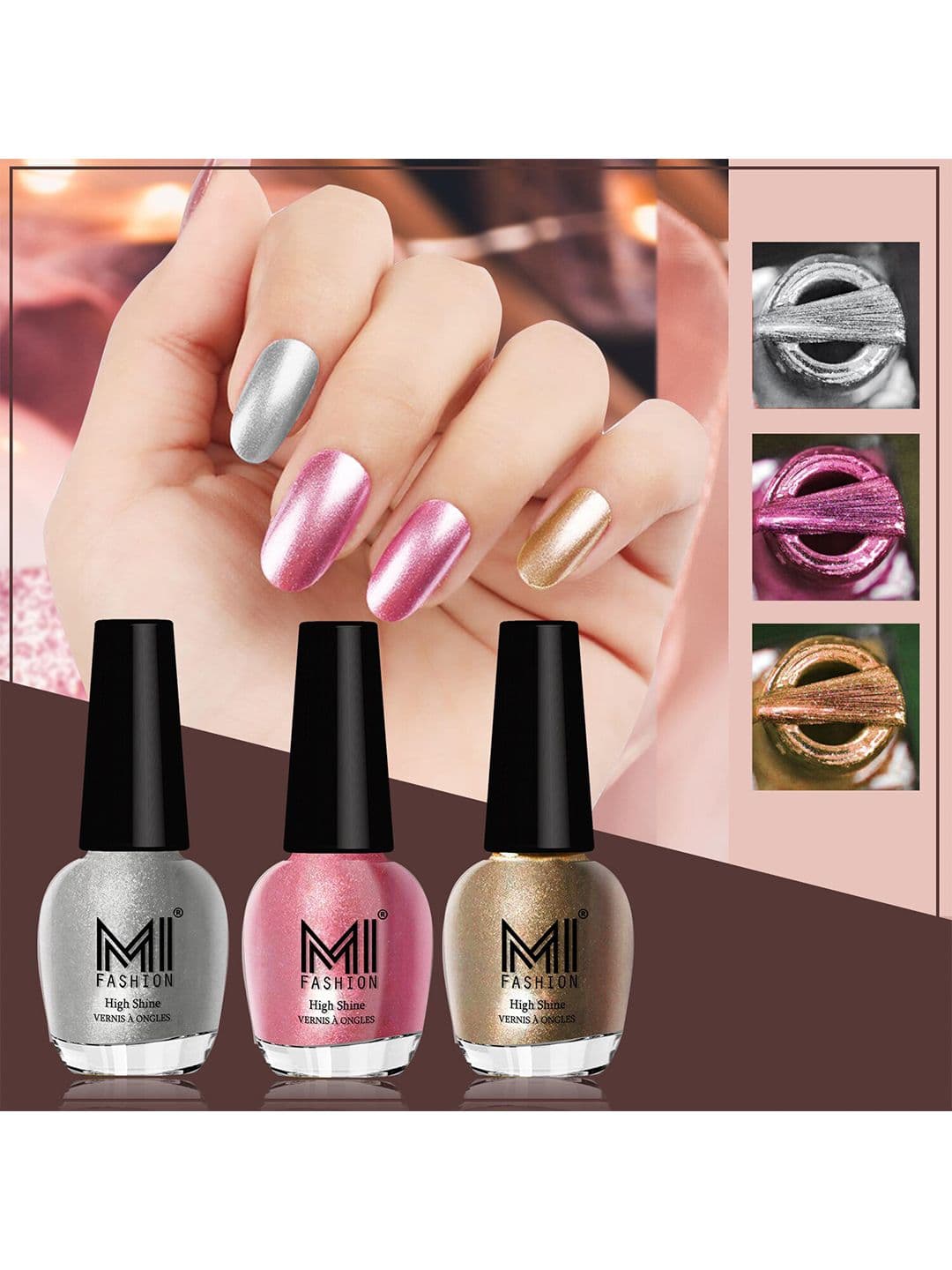 MI FASHION Set of 3 High Shine Long-Lasting Nail Lacquer 12 ml Each - Metallic Silver 46 - Metallic Pink 47 - Golden 43 - view 1