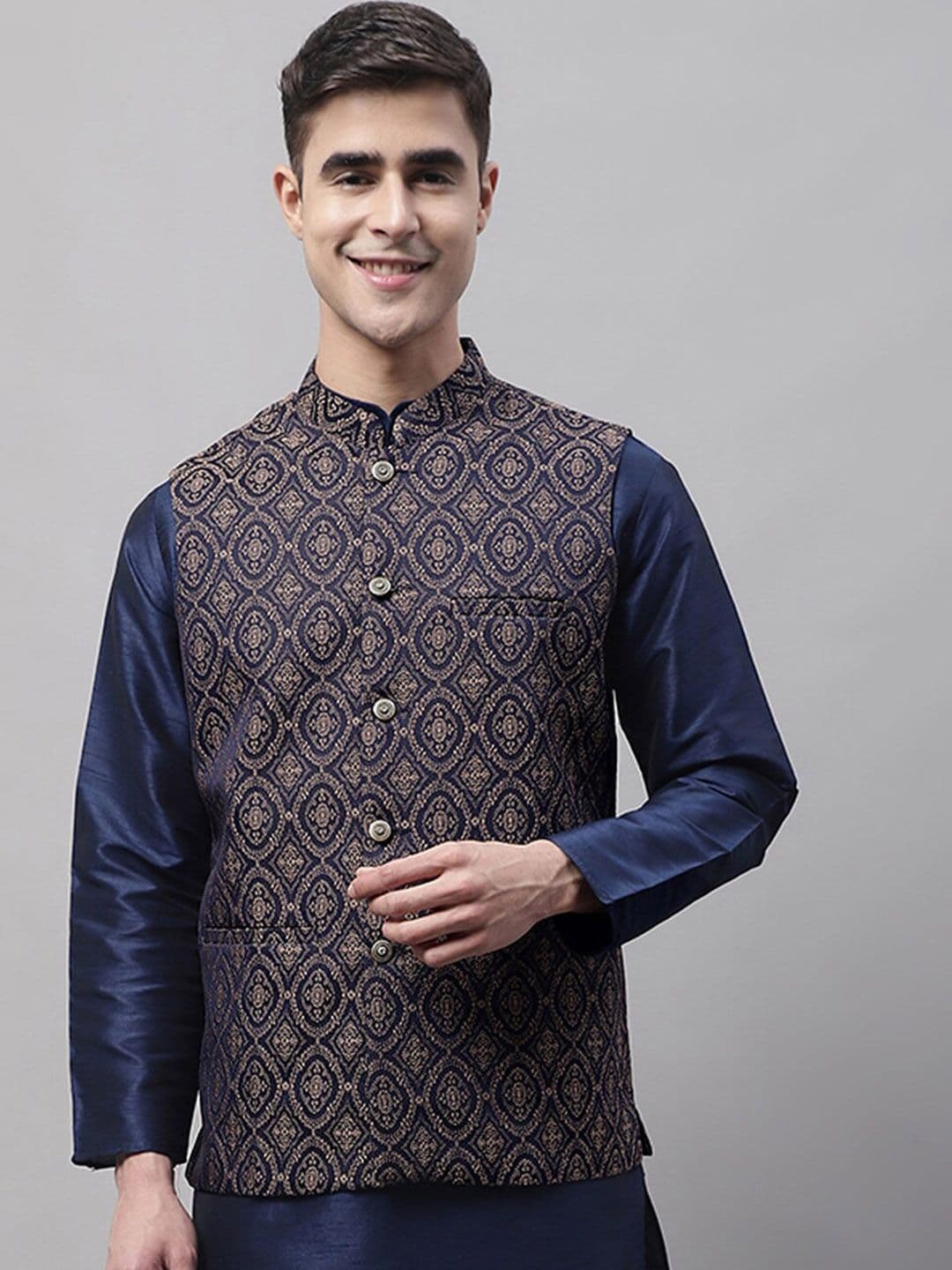 Jompers Men Woven Design Mandarin Collar Nehru Jackets - view 1