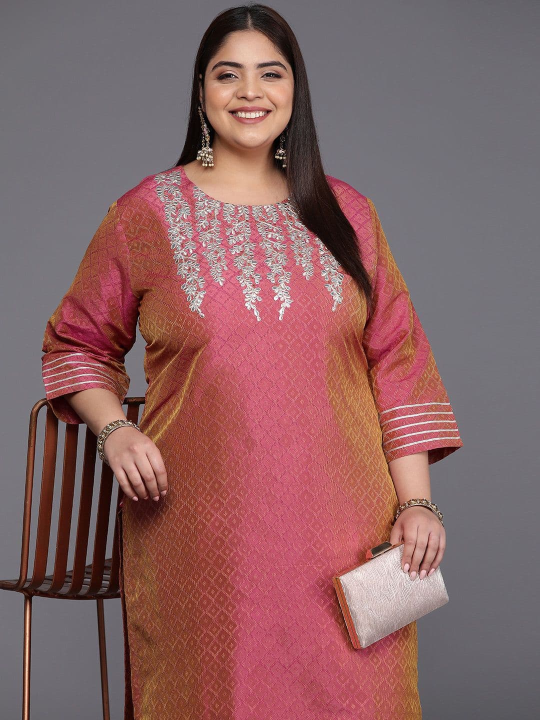 Varanga Plus Size Floral Yoke Design Gotta Patti Silk Kurta - view 1