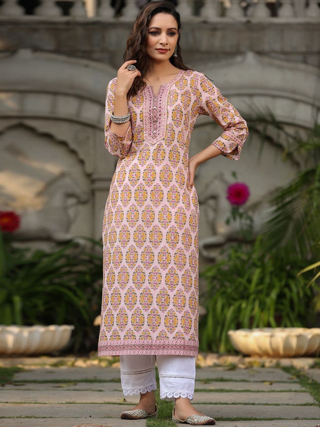 Rain & Rainbow Women Coral Ethnic Motifs Printed Pure Cotton Kurta - view 1