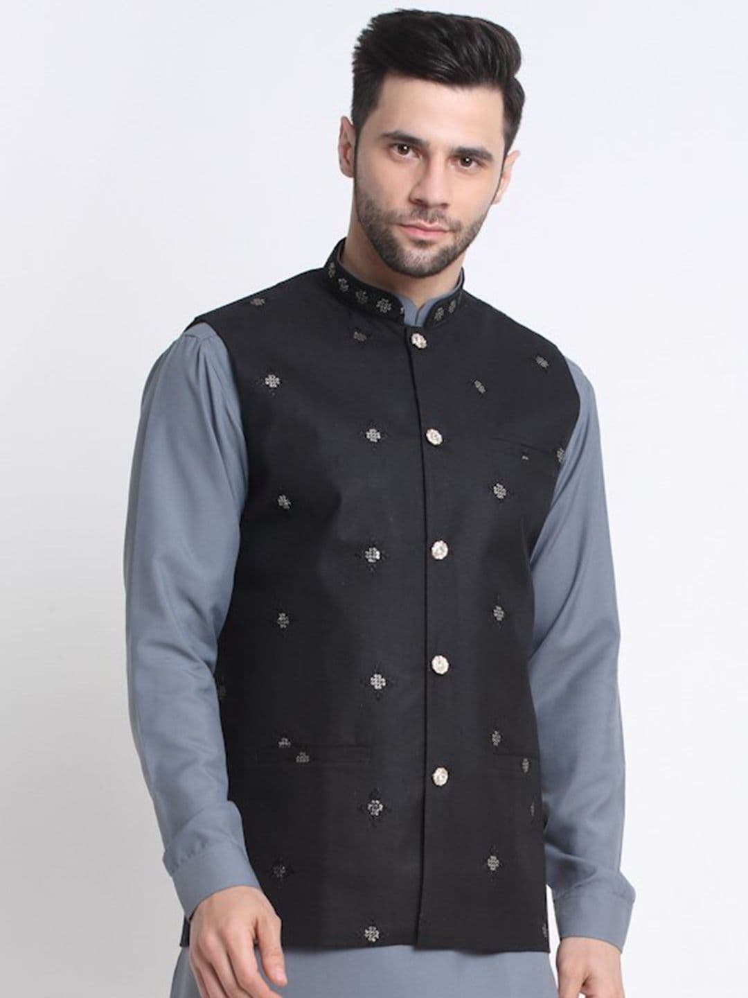 KRAFT INDIA Embroidered Sequined Mandarin Collar Ethnic Nehru Jacket - view 1