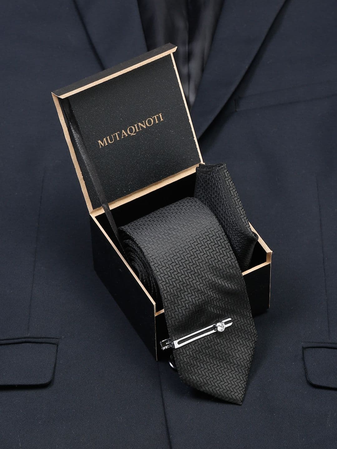 MUTAQINOTI Men Woven Design Silk Formal Accessory Gift Set - view 1