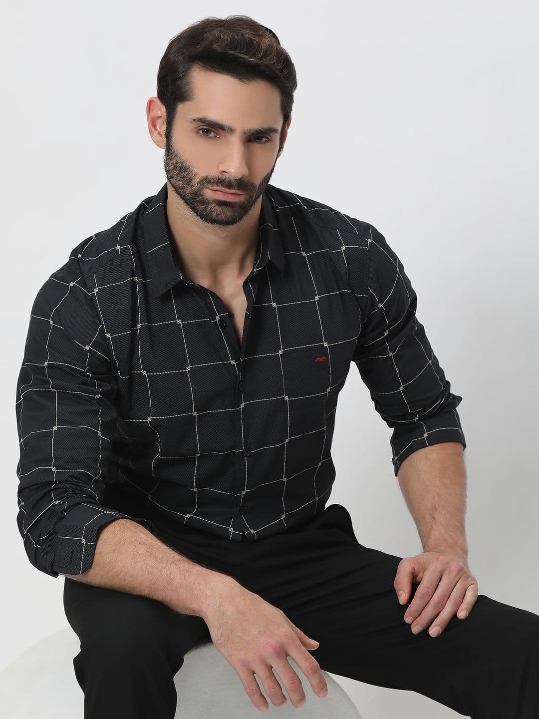 Mufti Trim Slim Fit Windowpane Checks Checked Pure Cotton Casual Shirt - view 1