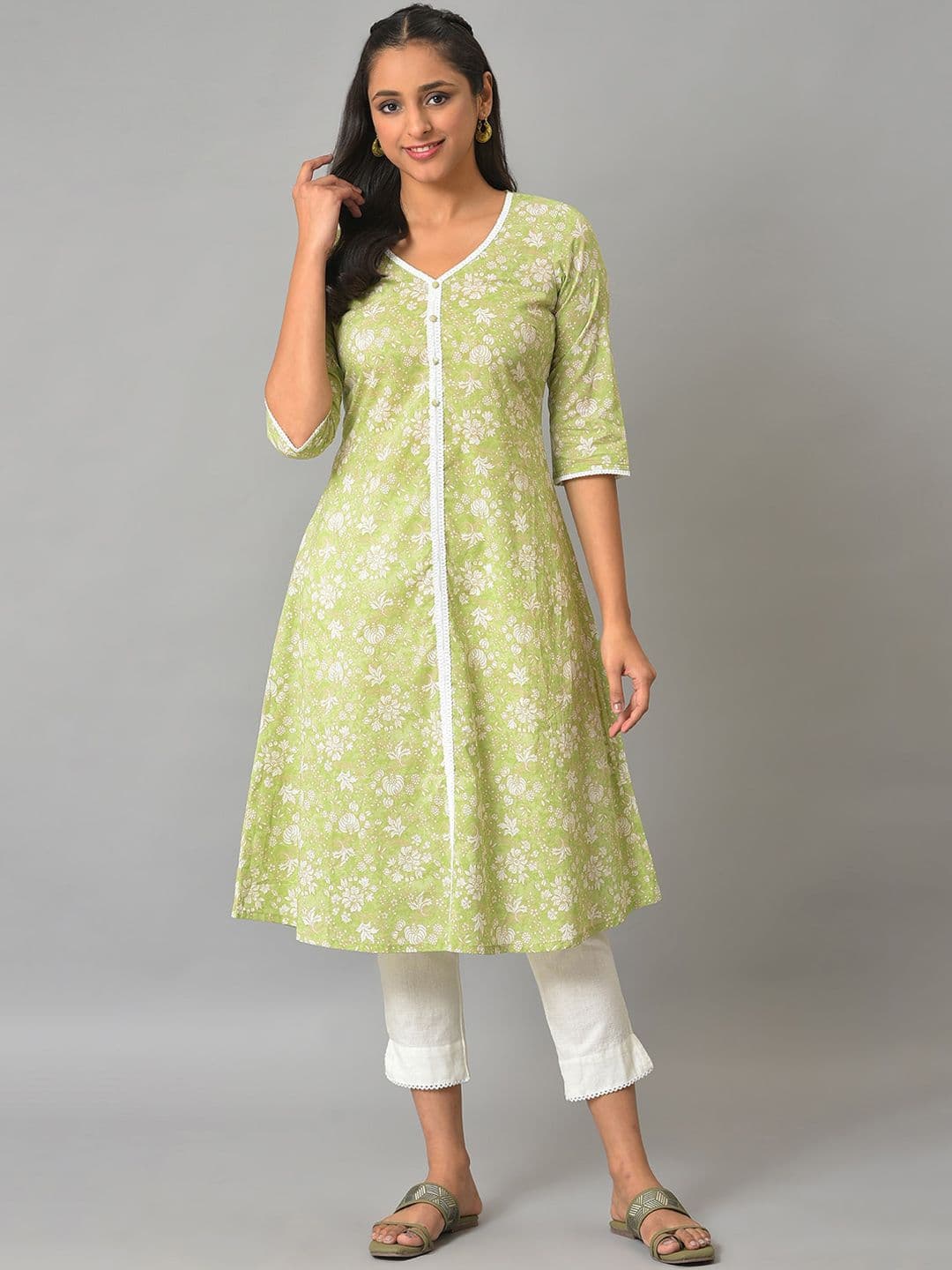 AURELIA Floral Printed Cotton V-Neck A-Line Kurta - view 1