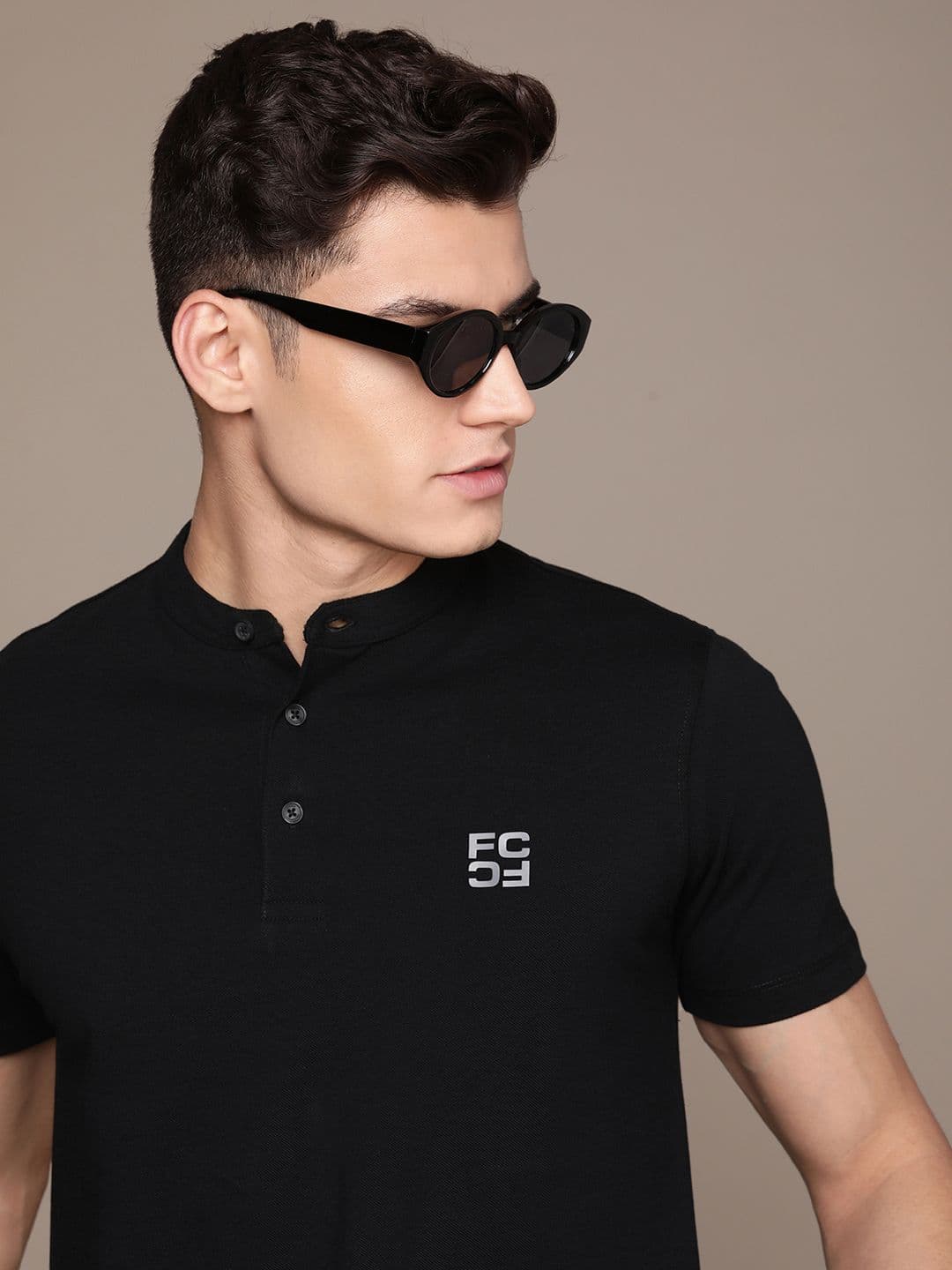 French Connection Brand Logo Henley Neck Pure Cotton Applique T-shirt - view 1