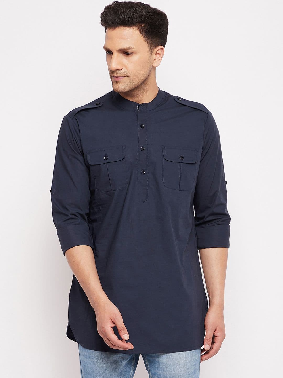 Hypernation Mandarin Collar Pure Cotton Pathani Short Kurta - view 1