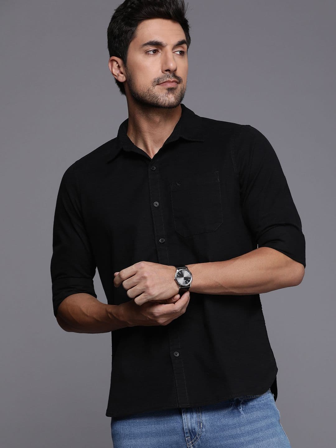WROGN Men Slim Fit Solid Opaque Cotton Casual Shirt With Chest Pocket - view 1
